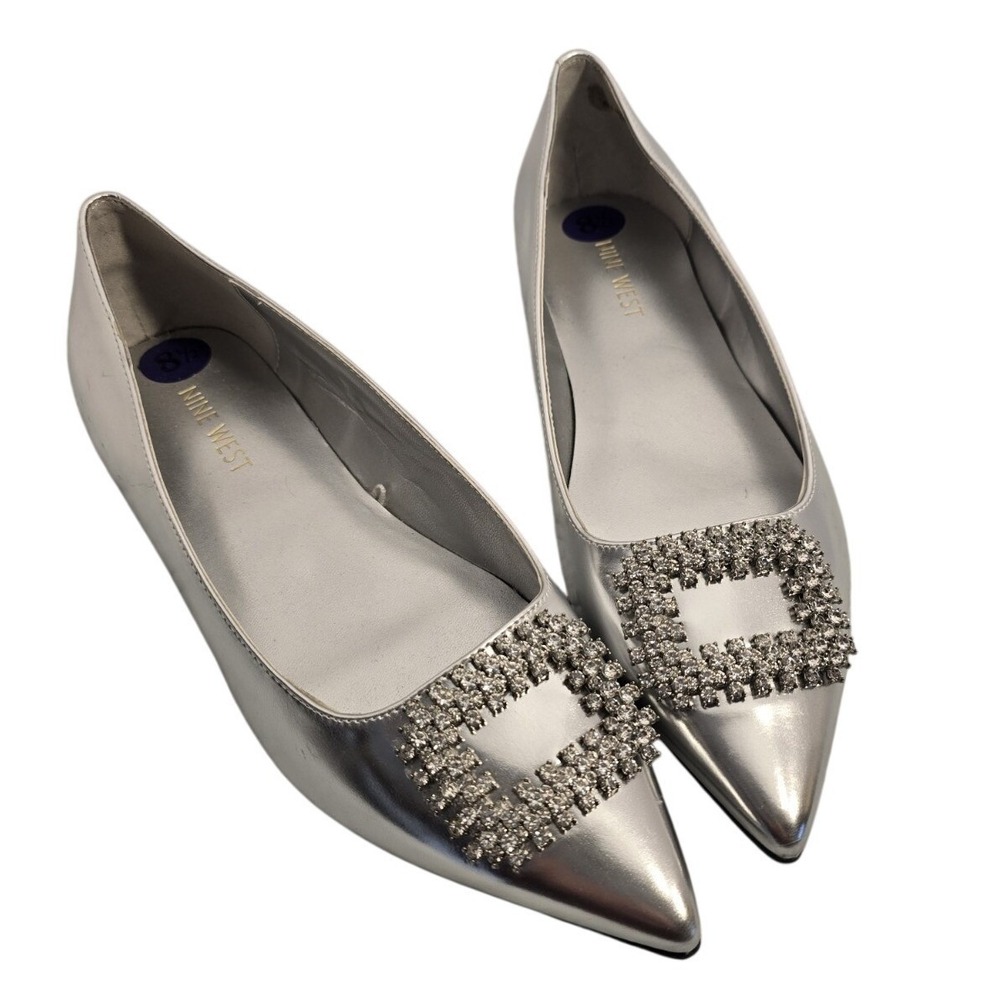 Women's 8.5 M Pointed Toe Shoes Nine West Silver flats Diamond Buckle Wedding